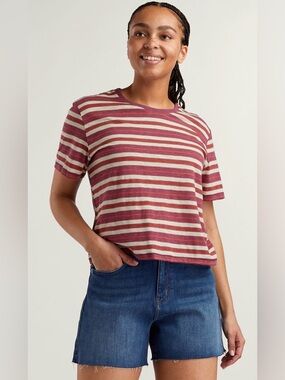 Toad&Co Maverick Striped Crewneck Relaxed Tee in Burgundy and Cream Size XL